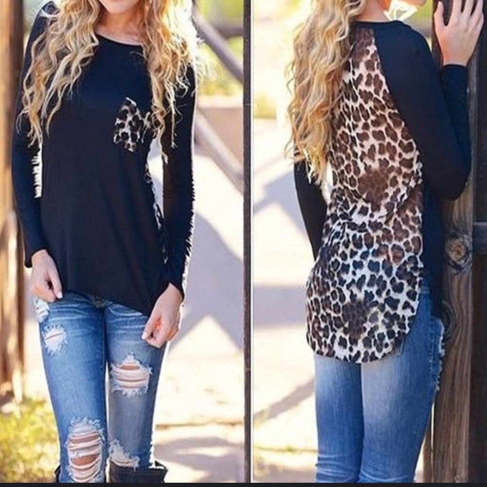 Leopard sheer back hi low blouse